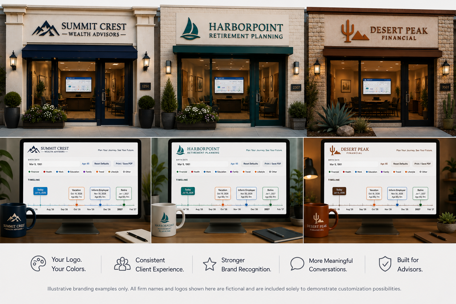 Illustrative examples showing The Runway customized for three fictional retirement planning firms, with matching office signage and branded software screens